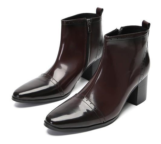 Mens Patent Leather Zipper On Side Mid Calf Heel Ankle Boots