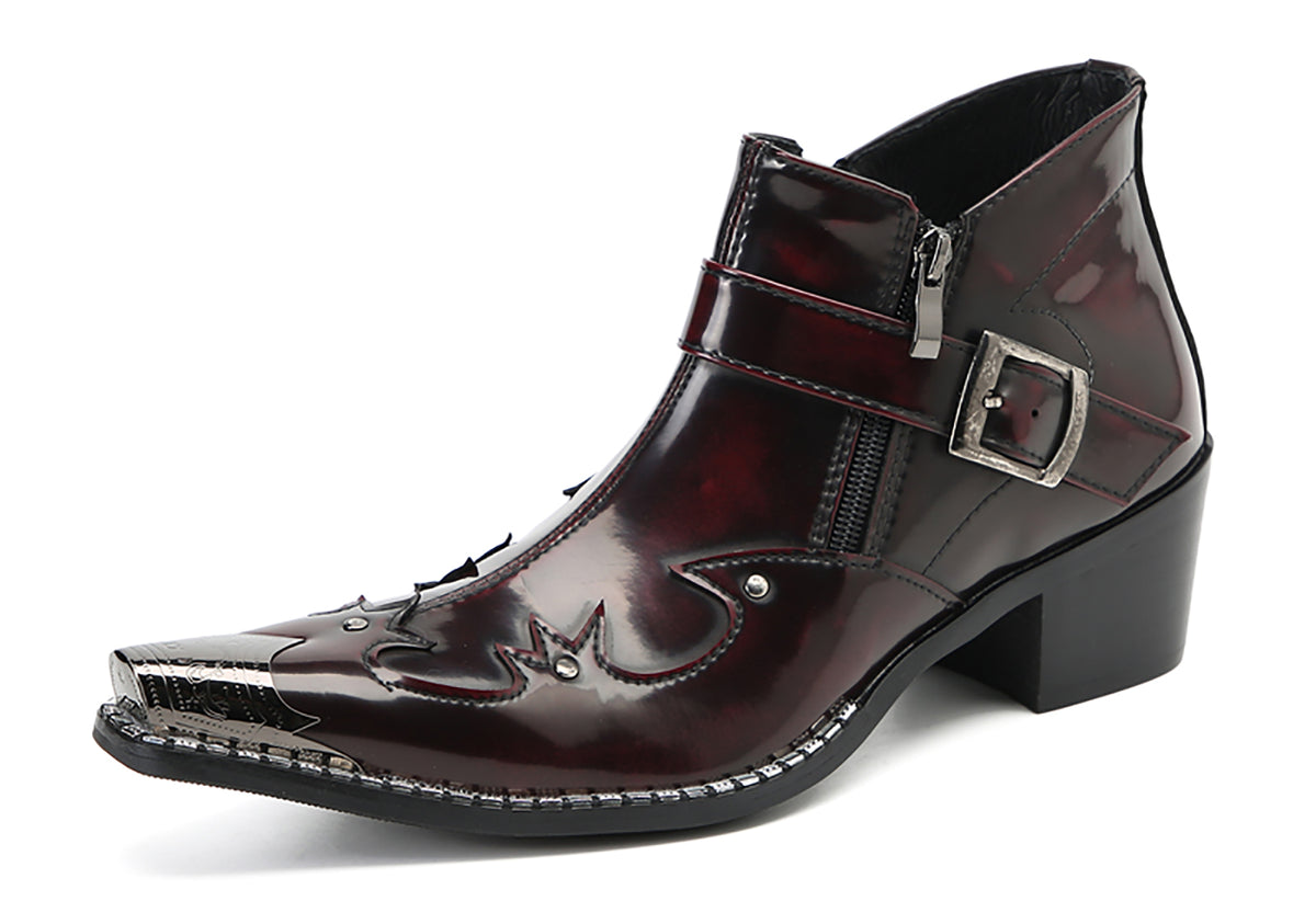 Mens Metal Pointed Toe Buckle Beaded Doule Zipper Western Boots