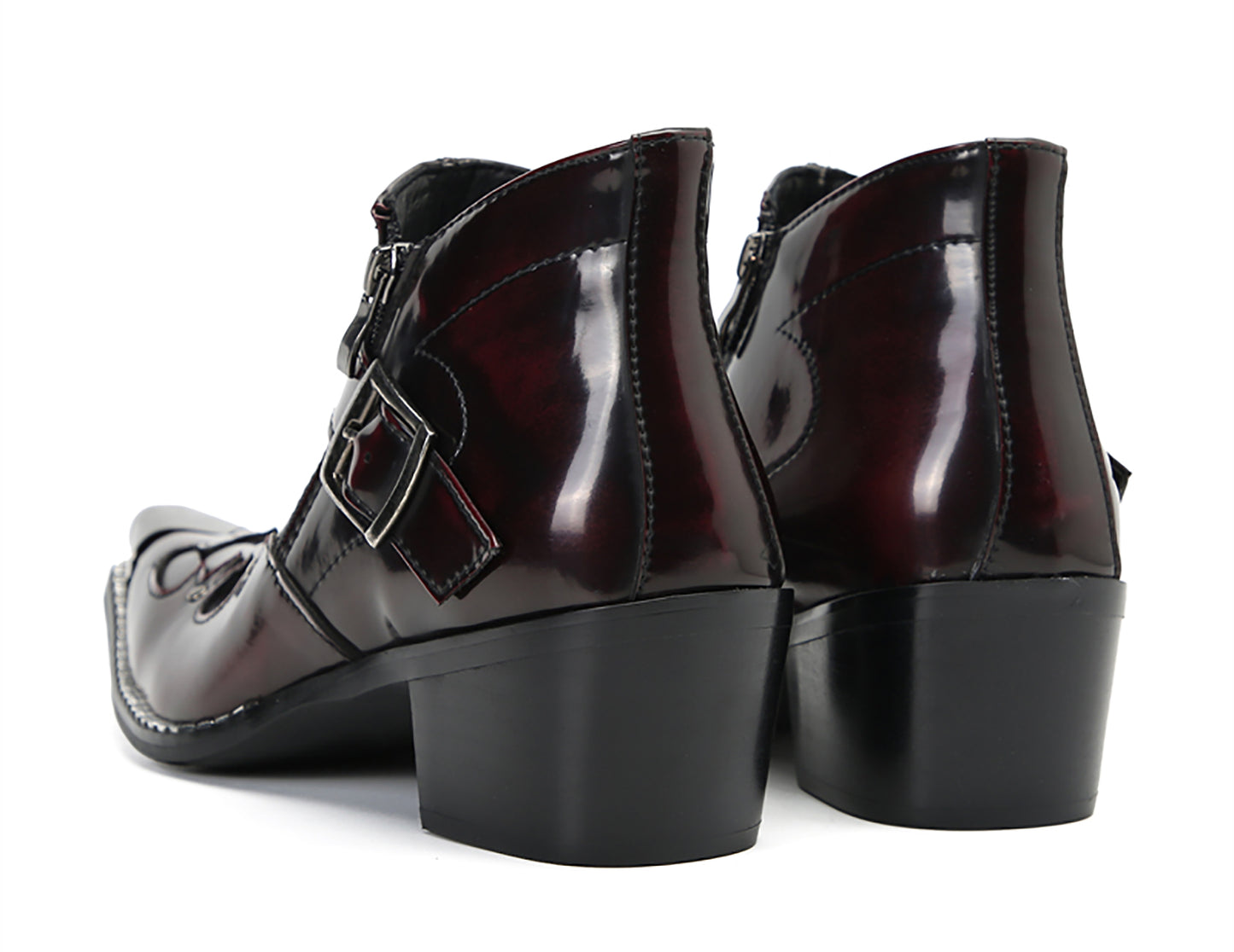 Mens Metal Pointed Toe Buckle Beaded Doule Zipper Western Boots