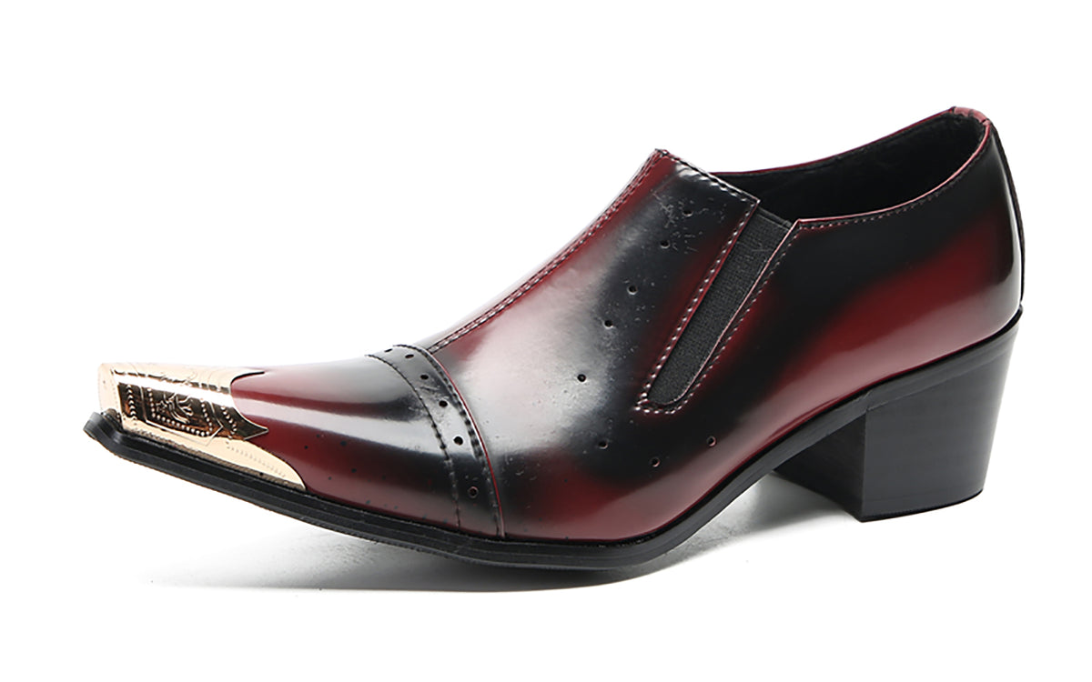 Mens Leather Metal Pointed Toe Heel Western Loafers