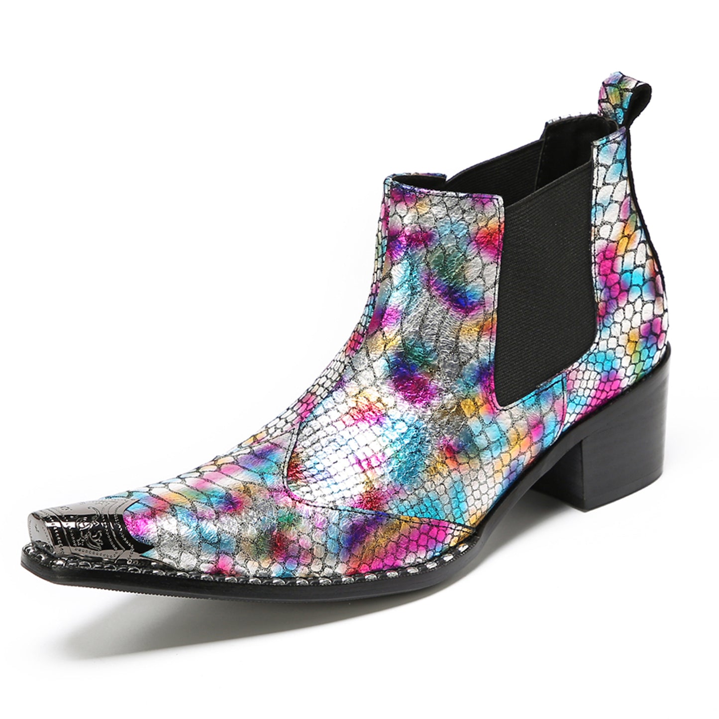Mens Colorful Snakeskin Print & Elastic Side Western Chelsea Boots