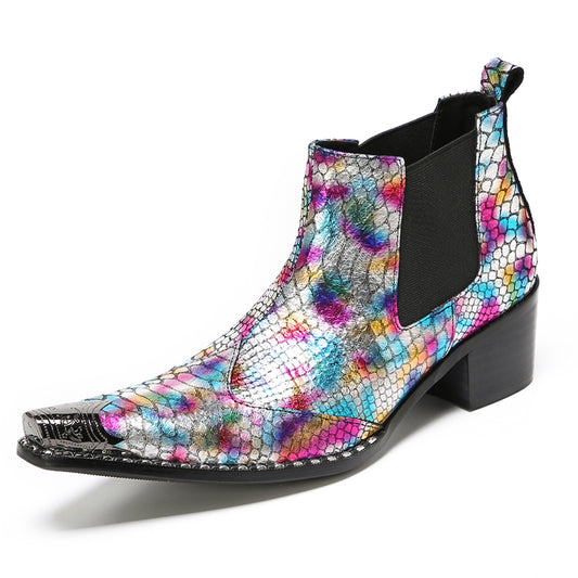 Mens Colorful Snakeskin Print & Elastic Side Western Chelsea Boots