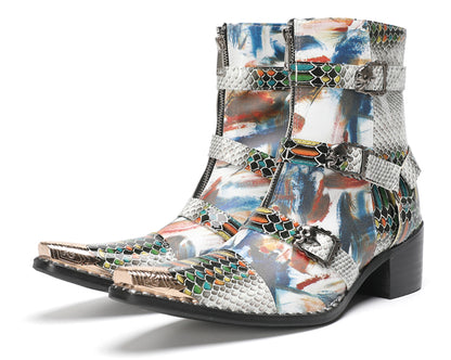 Mens Snakeskin Patchwork Skull Buckle Straps Western Cowboy Boots