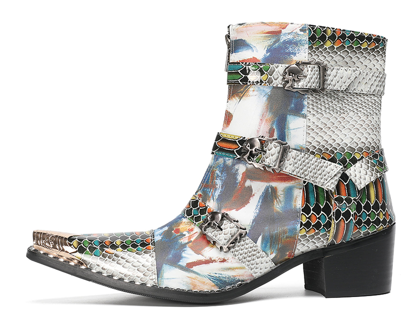 Mens Snakeskin Patchwork Skull Buckle Straps Western Cowboy Boots