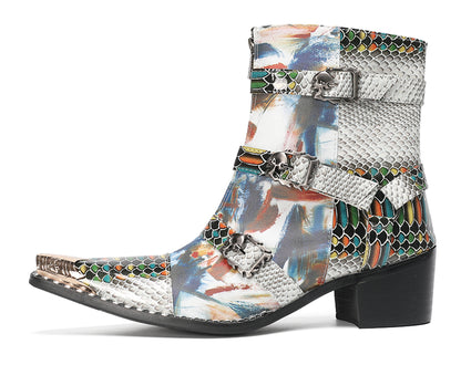 Mens Snakeskin Patchwork Skull Buckle Straps Western Cowboy Boots