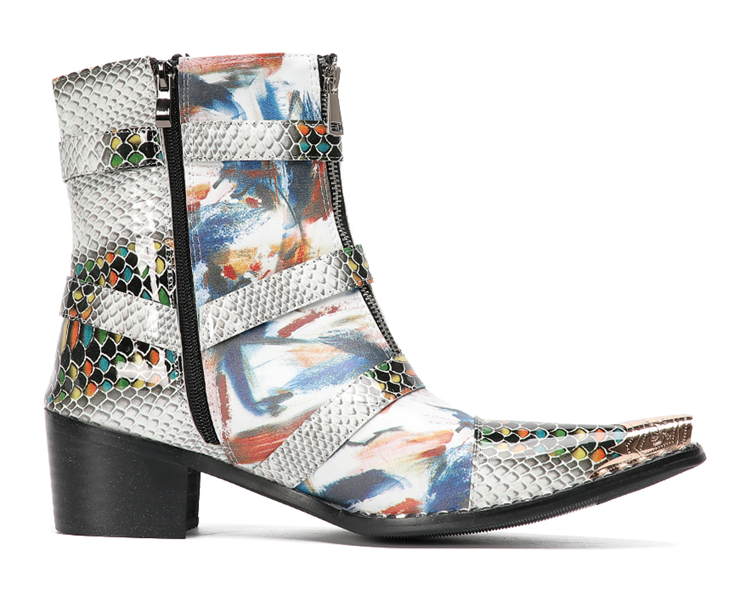 Mens Snakeskin Patchwork Skull Buckle Straps Western Cowboy Boots