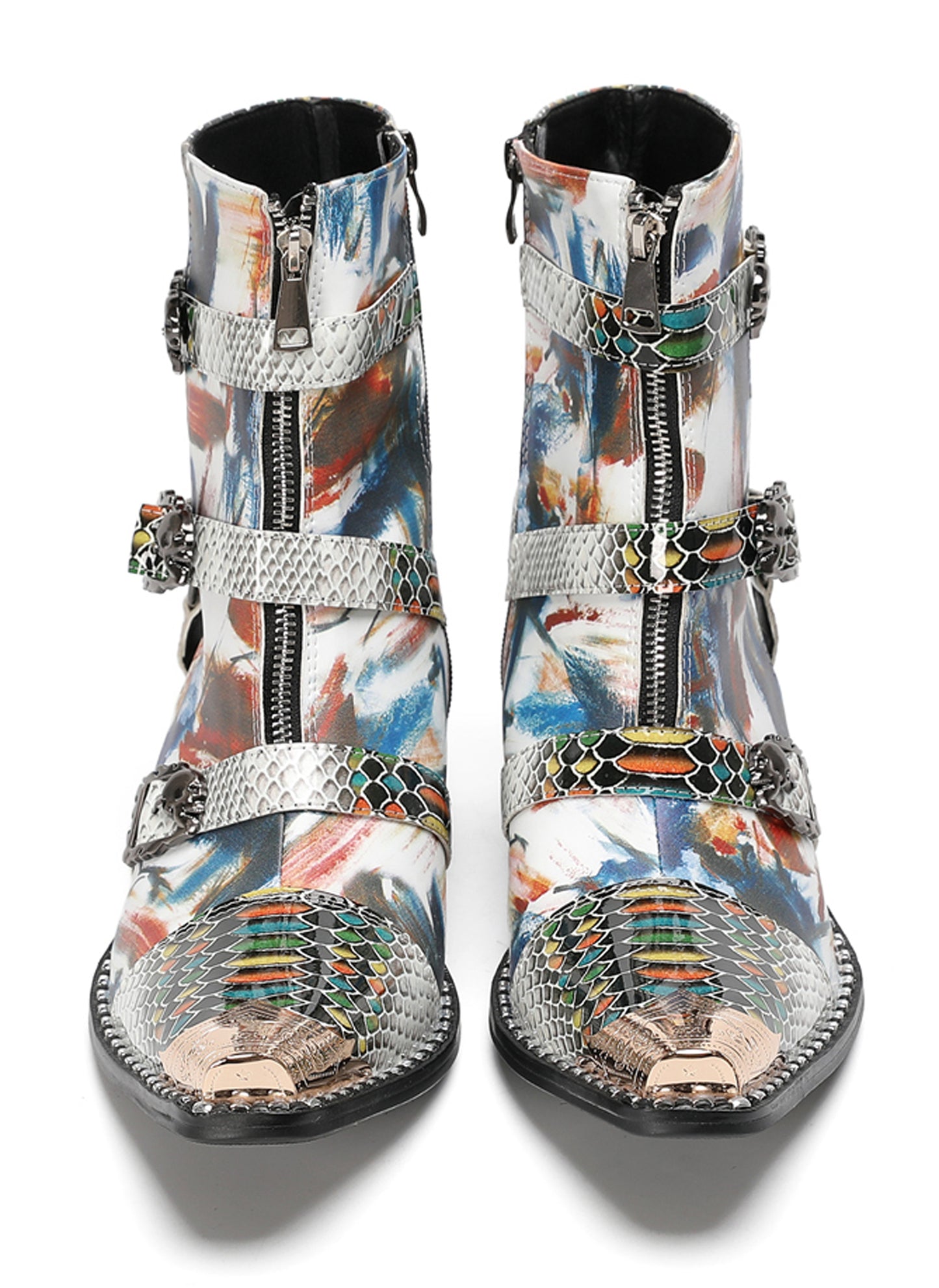 Mens Snakeskin Patchwork Skull Buckle Straps Western Cowboy Boots