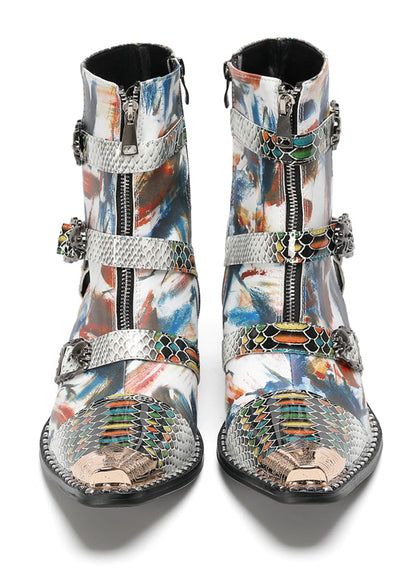 Mens Snakeskin Patchwork Skull Buckle Straps Western Cowboy Boots