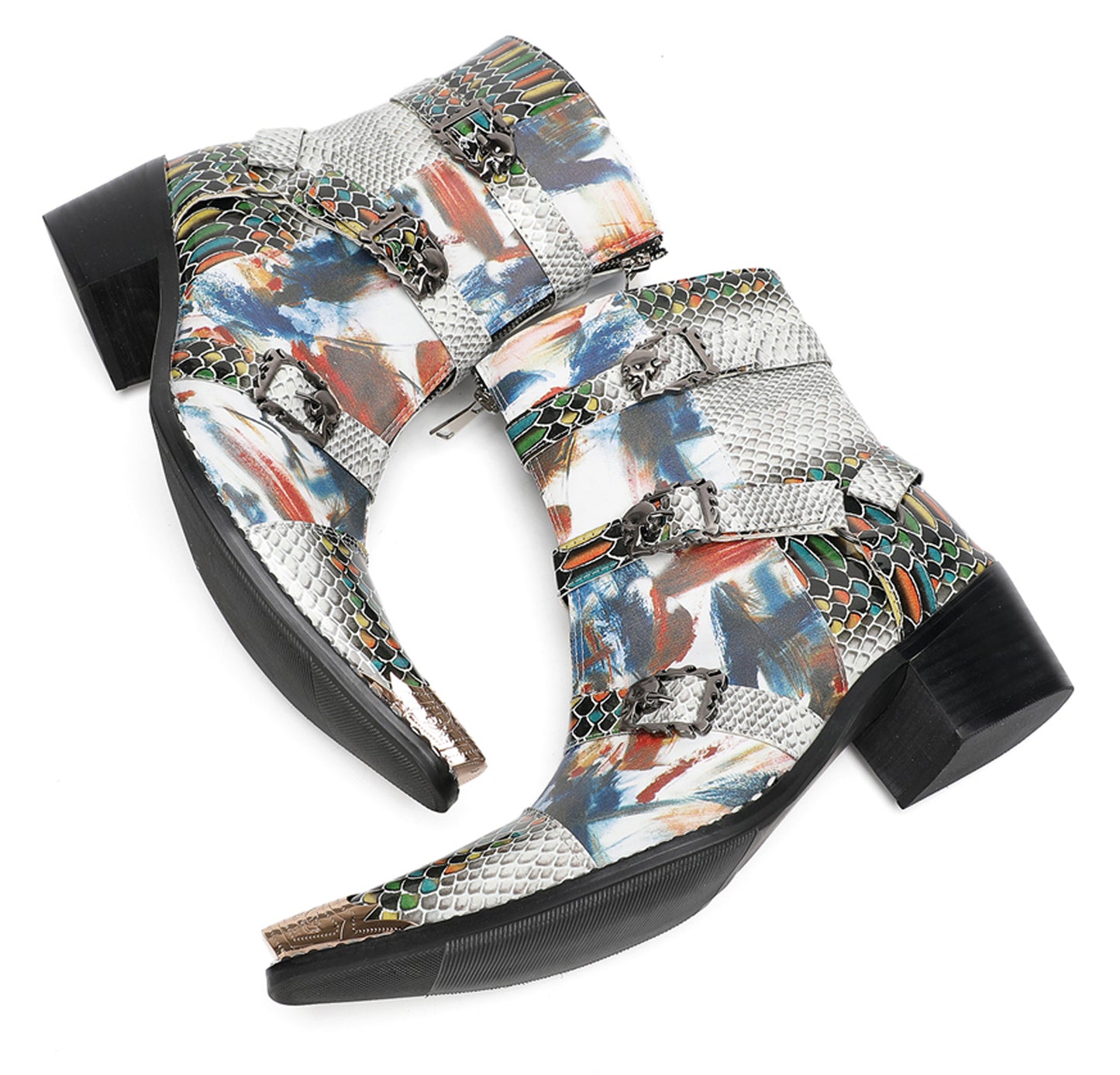 Mens Snakeskin Patchwork Skull Buckle Straps Western Cowboy Boots