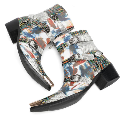 Mens Snakeskin Patchwork Skull Buckle Straps Western Cowboy Boots