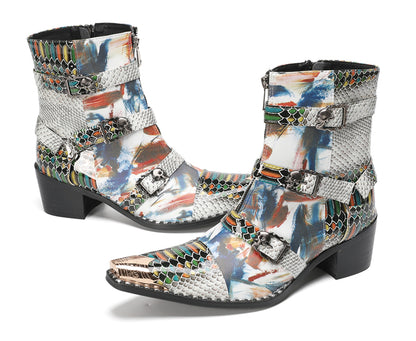 Mens Snakeskin Patchwork Skull Buckle Straps Western Cowboy Boots