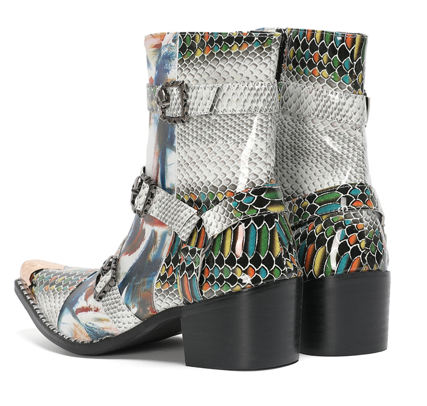 Mens Snakeskin Patchwork Skull Buckle Straps Western Cowboy Boots