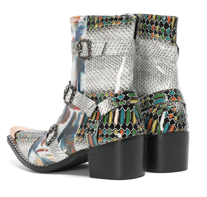 Mens Snakeskin Patchwork Skull Buckle Straps Western Cowboy Boots