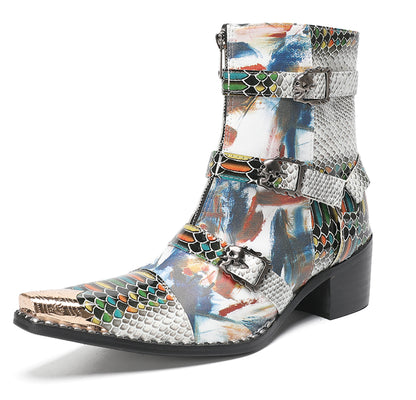 Mens Snakeskin Patchwork Skull Buckle Straps Western Cowboy Boots