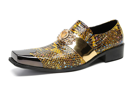 Mens Genunie Leather Slip On Yellow Gemstone Metal-Square Toe Western Loafers