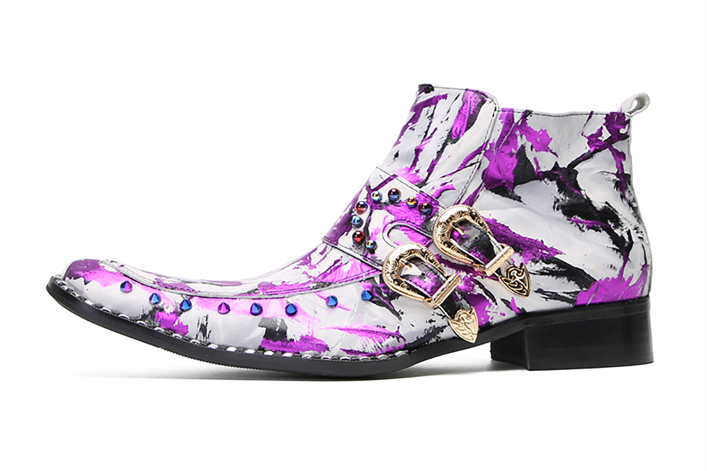 Mens Genunie Leather Beaded Zipper Buckle Fashion Graffiti Ankle Boots