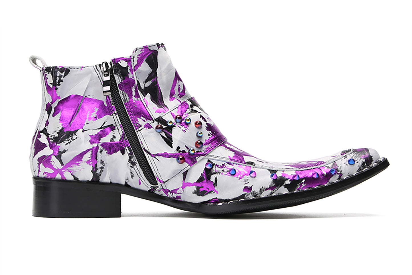 Mens Genunie Leather Beaded Zipper Buckle Fashion Graffiti Ankle Boots
