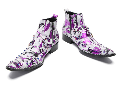Mens Genunie Leather Beaded Zipper Buckle Fashion Graffiti Ankle Boots
