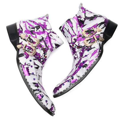 Mens Genunie Leather Beaded Zipper Buckle Fashion Graffiti Ankle Boots