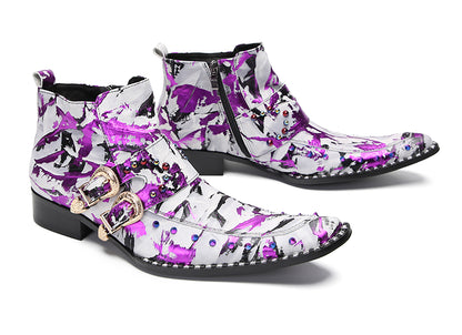 Mens Genunie Leather Beaded Zipper Buckle Fashion Graffiti Ankle Boots
