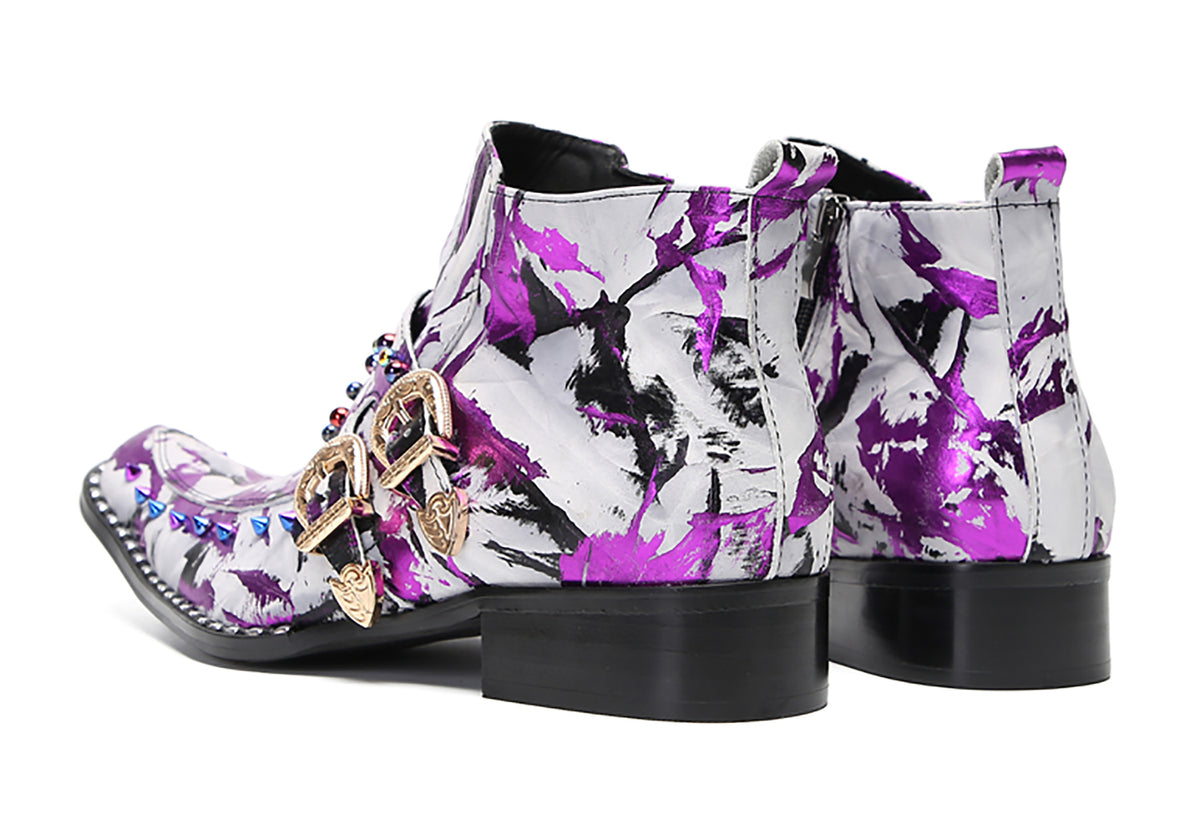 Mens Genunie Leather Beaded Zipper Buckle Fashion Graffiti Ankle Boots