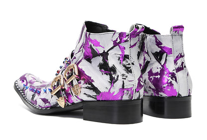 Mens Genunie Leather Beaded Zipper Buckle Fashion Graffiti Ankle Boots