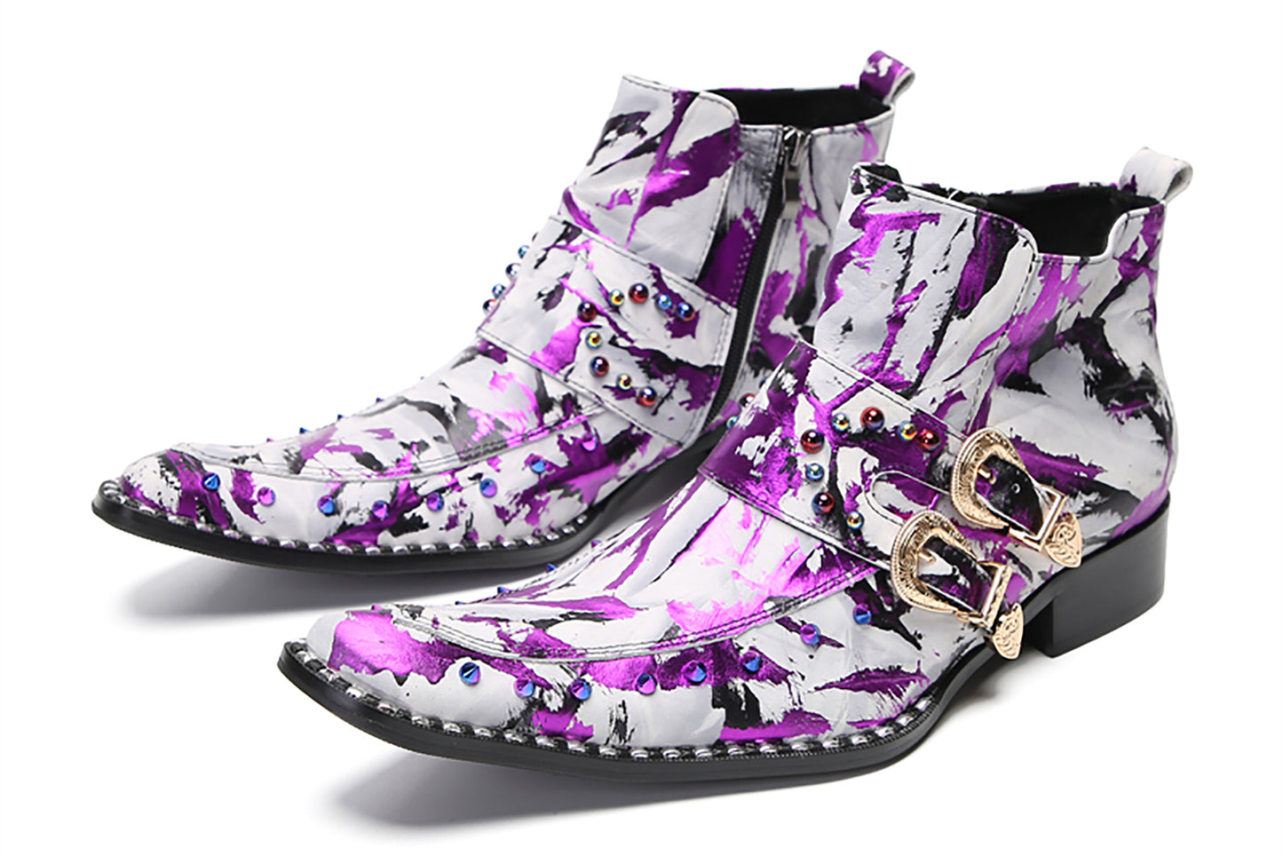 Mens Genunie Leather Beaded Zipper Buckle Fashion Graffiti Ankle Boots