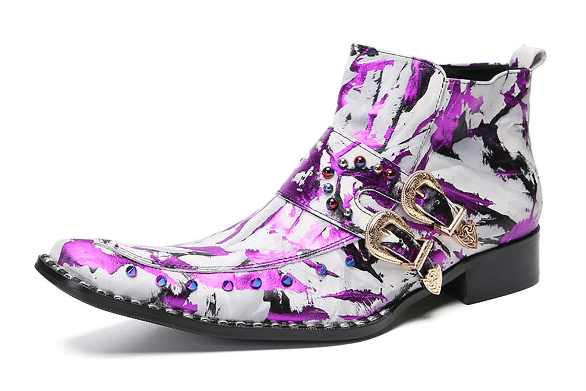 Mens Genunie Leather Beaded Zipper Buckle Fashion Graffiti Ankle Boots