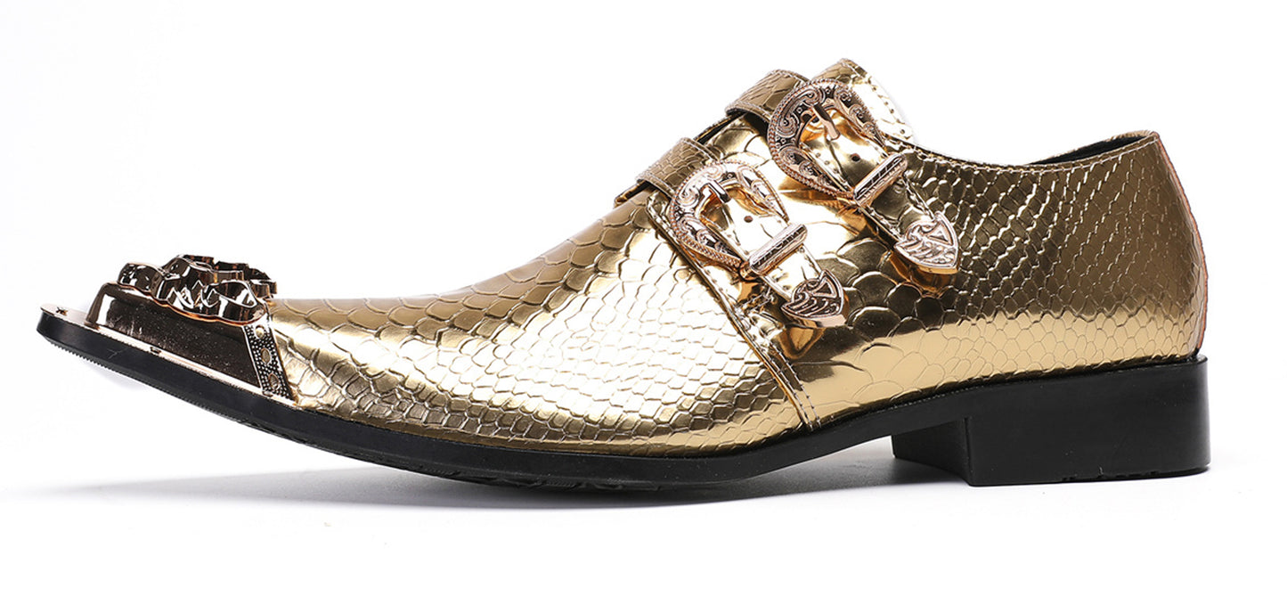 Men Patent Leather Snakeskin Texture Monk Strap Western Loafers