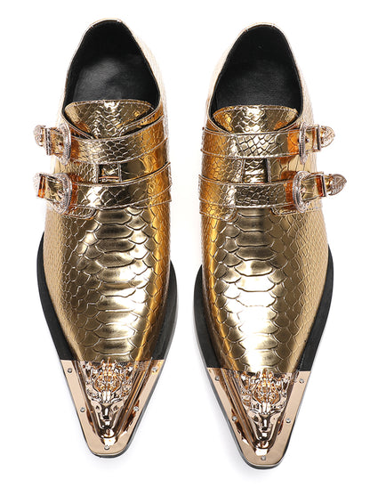 Men Patent Leather Snakeskin Texture Monk Strap Western Loafers