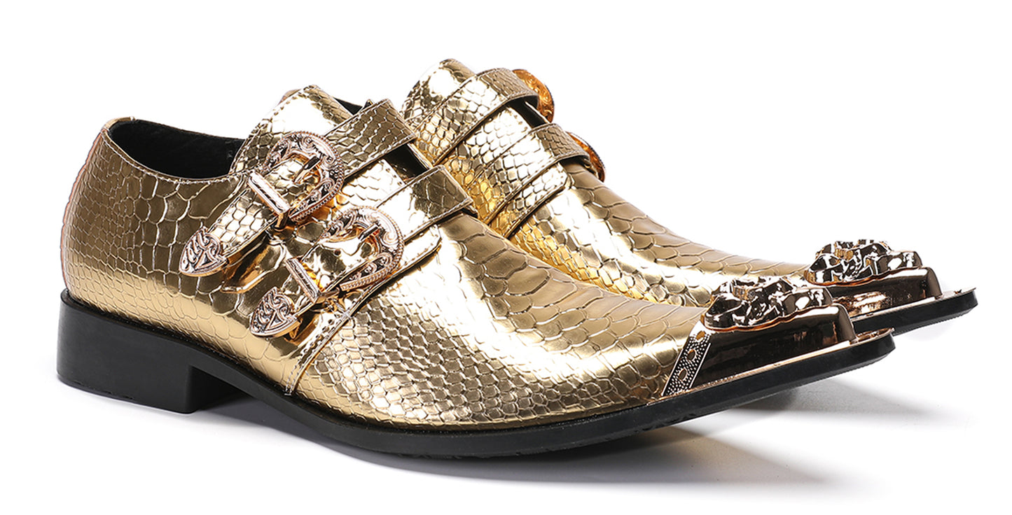 Men Patent Leather Snakeskin Texture Monk Strap Western Loafers