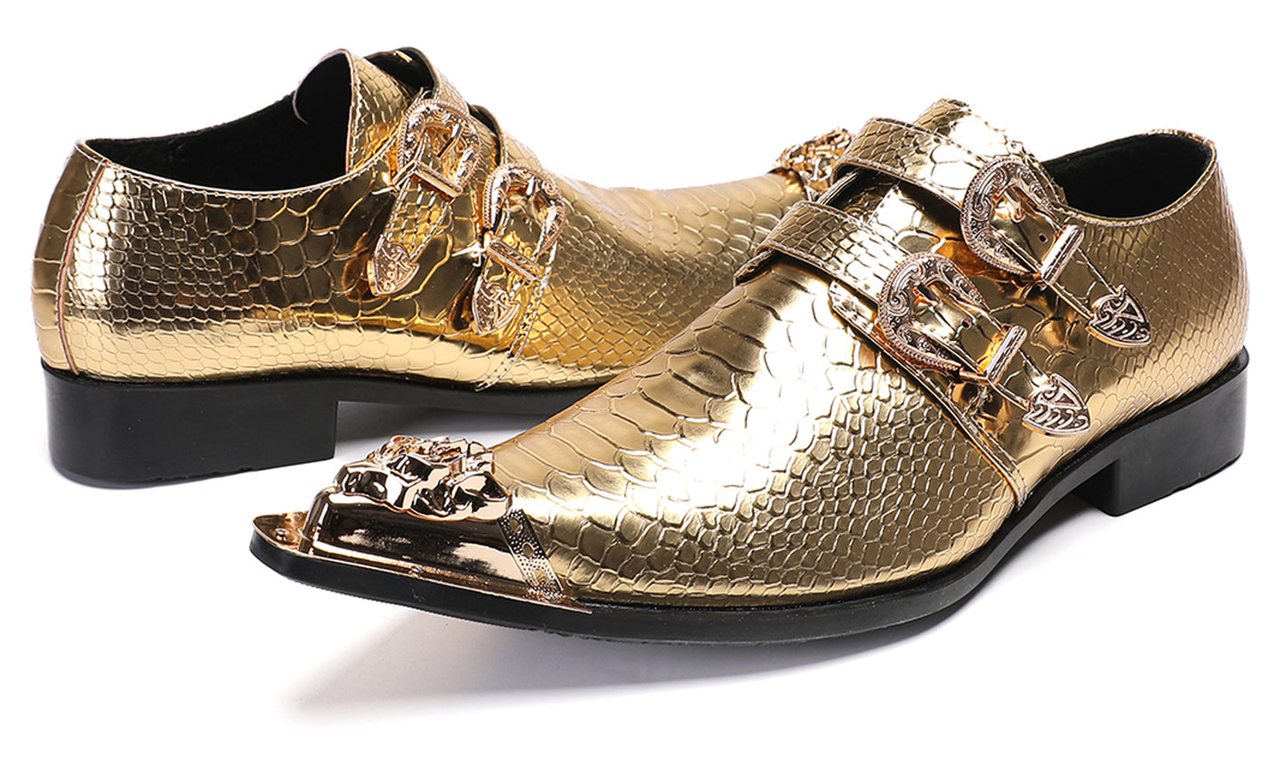 Men Patent Leather Snakeskin Texture Monk Strap Western Loafers