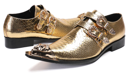 Men Patent Leather Snakeskin Texture Monk Strap Western Loafers