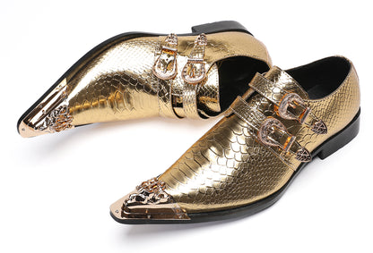 Men Patent Leather Snakeskin Texture Monk Strap Western Loafers