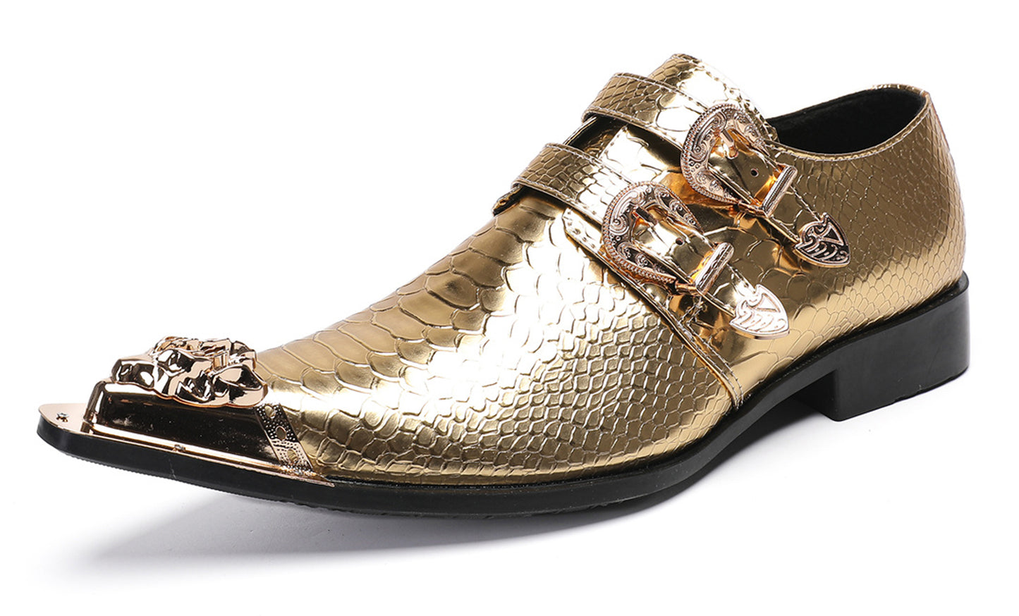 Men Patent Leather Snakeskin Texture Monk Strap Western Loafers