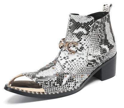 Mens Snake-Print Horsebit Buckle Studded Chelsea Western Boots