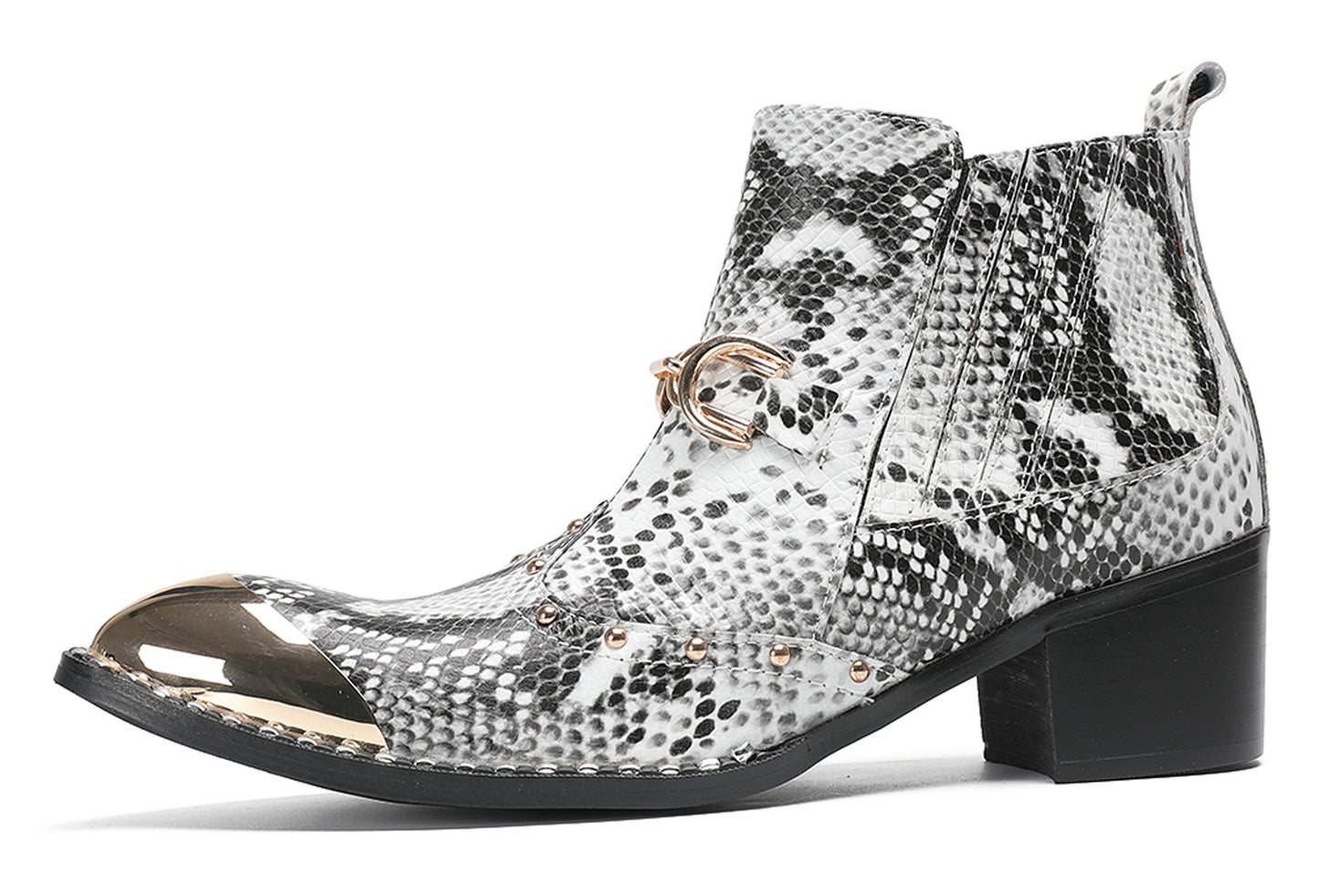 Mens Snake-Print Horsebit Buckle Studded Chelsea Western Boots