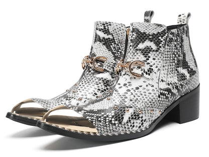 Mens Snake-Print Horsebit Buckle Studded Chelsea Western Boots