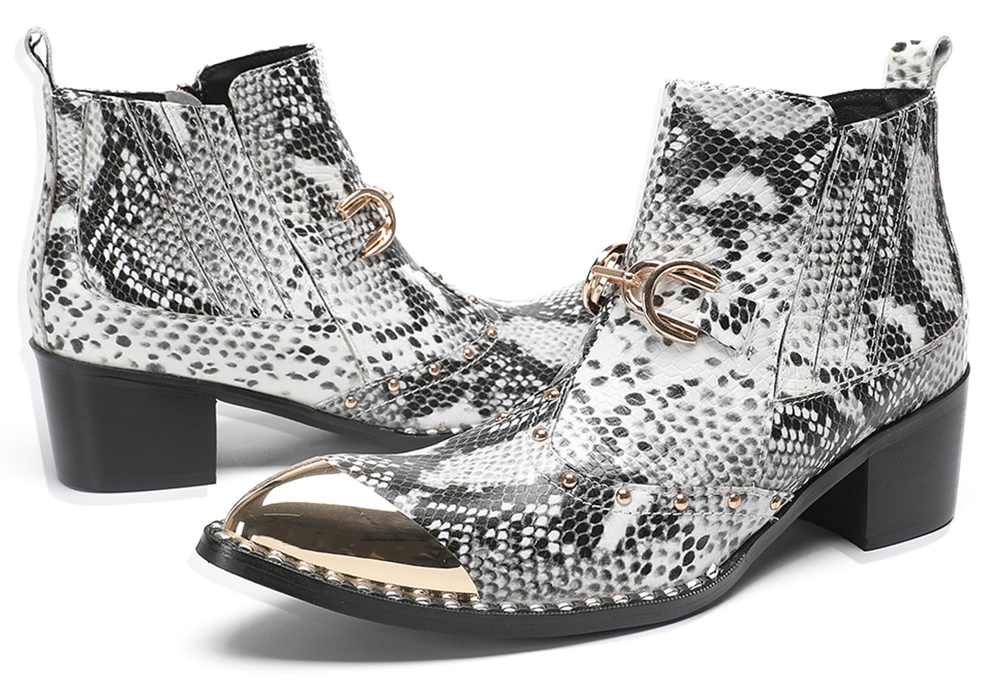 Mens Snake-Print Horsebit Buckle Studded Chelsea Western Boots