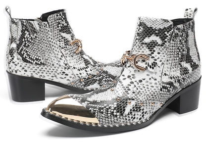 Mens Snake-Print Horsebit Buckle Studded Chelsea Western Boots