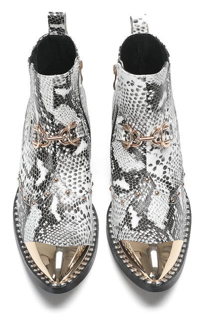 Mens Snake-Print Horsebit Buckle Studded Chelsea Western Boots