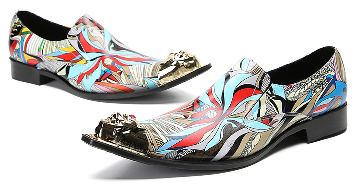 Mens Genunie Leather Party Dress Casua Metal Tip Toe Graffiti Western Loafers