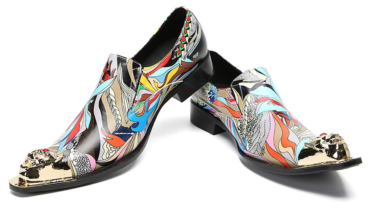 Mens Genunie Leather Party Dress Casua Metal Tip Toe Graffiti Western Loafers