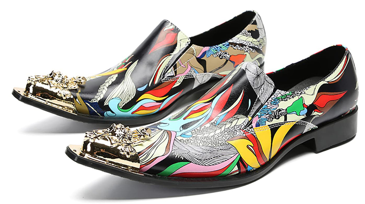 Mens Genunie Leather Party Dress Casua Metal Tip Toe Graffiti Western Loafers