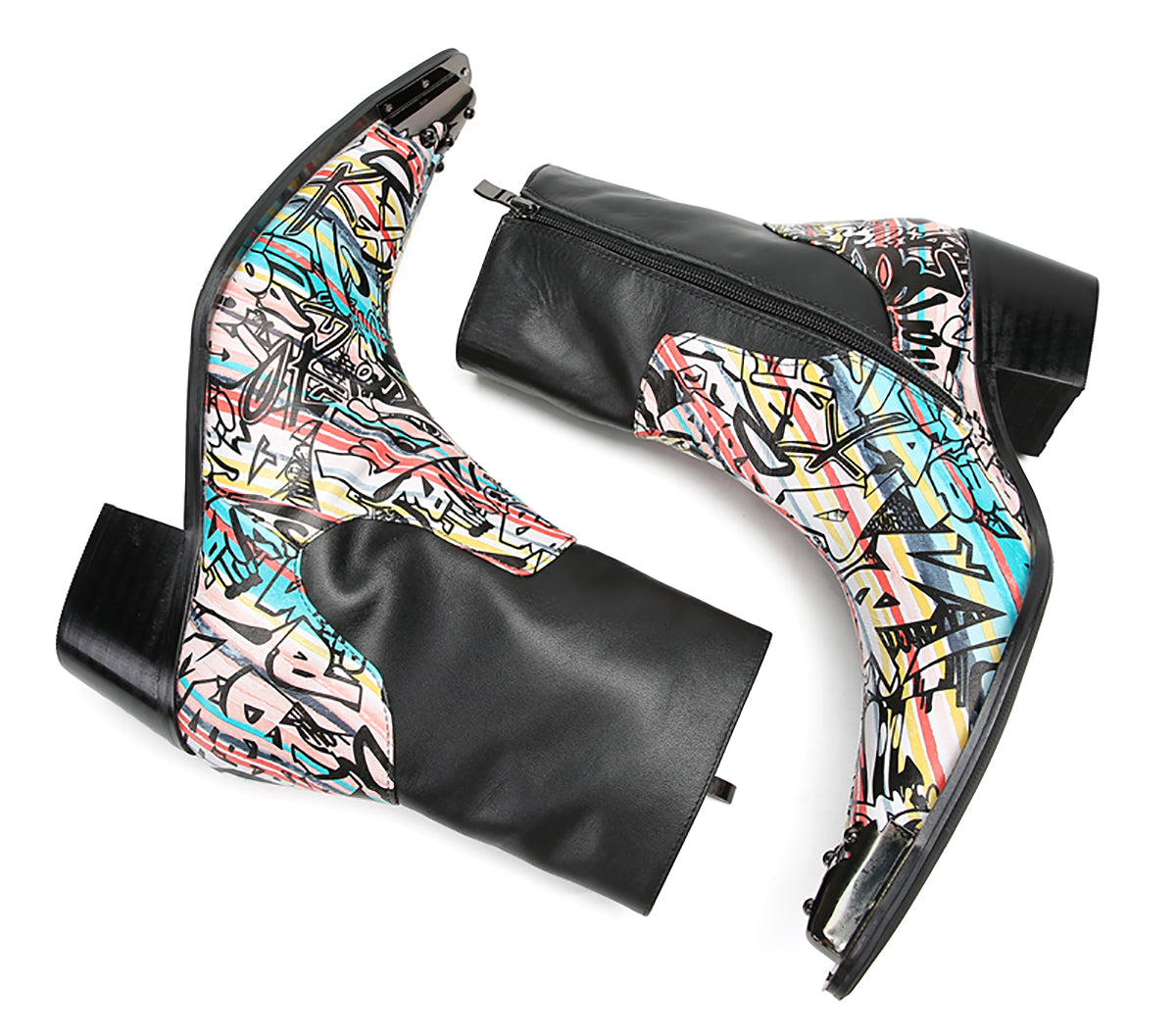 Mens Genuine Leather Metal-Wingtip Graffiti Mid Top Western Boots