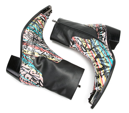 Mens Genuine Leather Metal-Wingtip Graffiti Mid Top Western Boots
