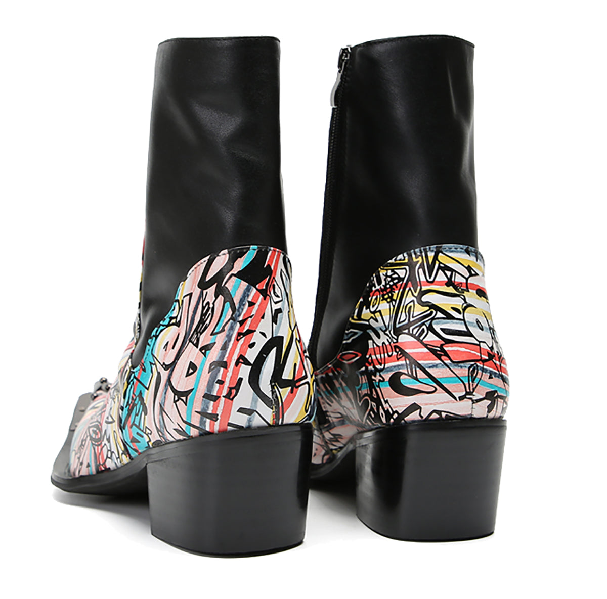Mens Genuine Leather Metal-Wingtip Graffiti Mid Top Western Boots
