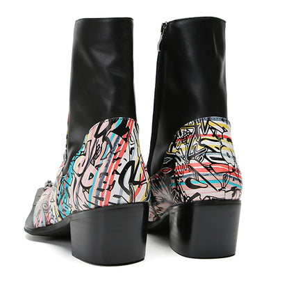 Mens Genuine Leather Metal-Wingtip Graffiti Mid Top Western Boots