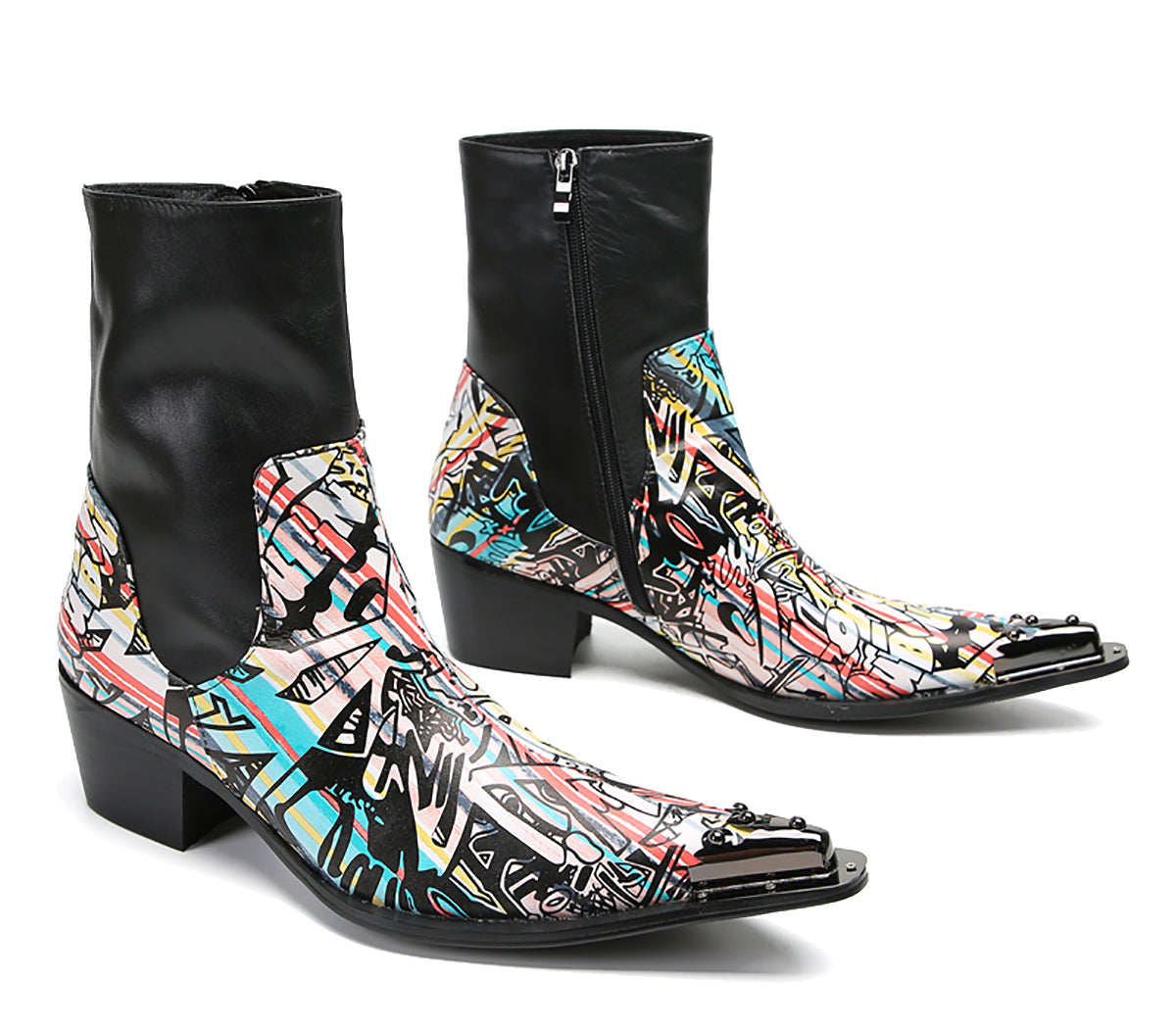 Mens Genuine Leather Metal-Wingtip Graffiti Mid Top Western Boots