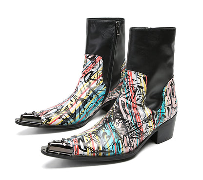 Mens Genuine Leather Metal-Wingtip Graffiti Mid Top Western Boots